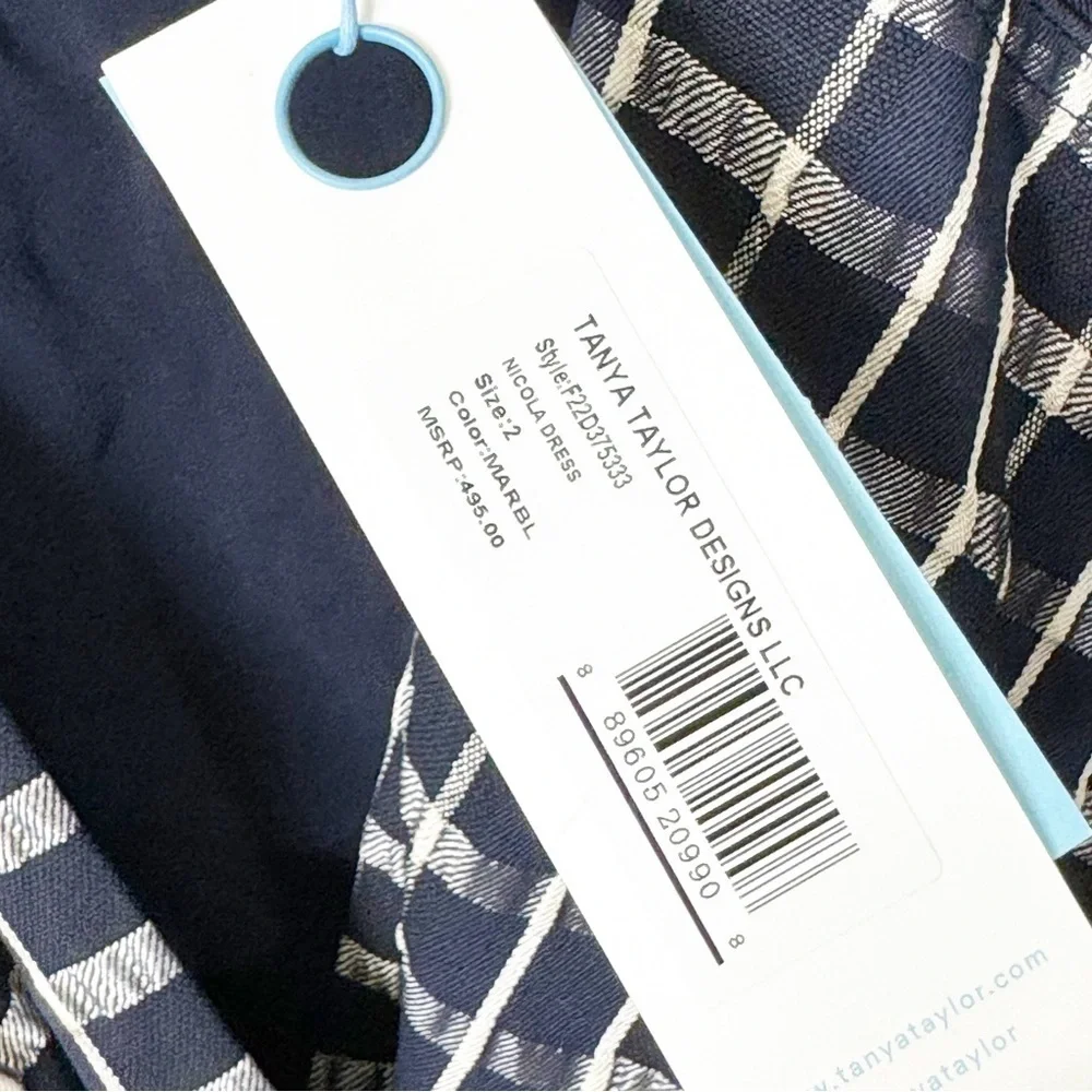 Tanya Taylor Navy Check Belted Puff Sleeves Nicola Dress Size 2 US NWT - Picture 5 of 8